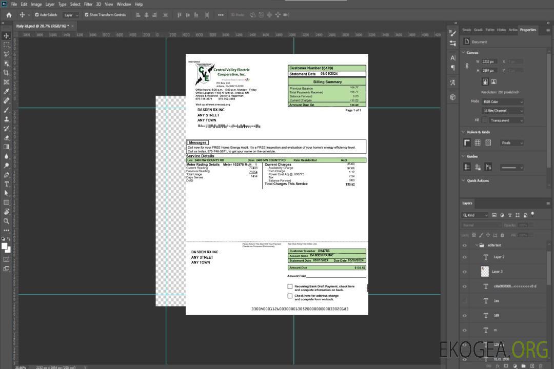 Modèle Word et PDF de facture de services publics d'entreprise USA CENTRAL VALLEY ELECTRIC template